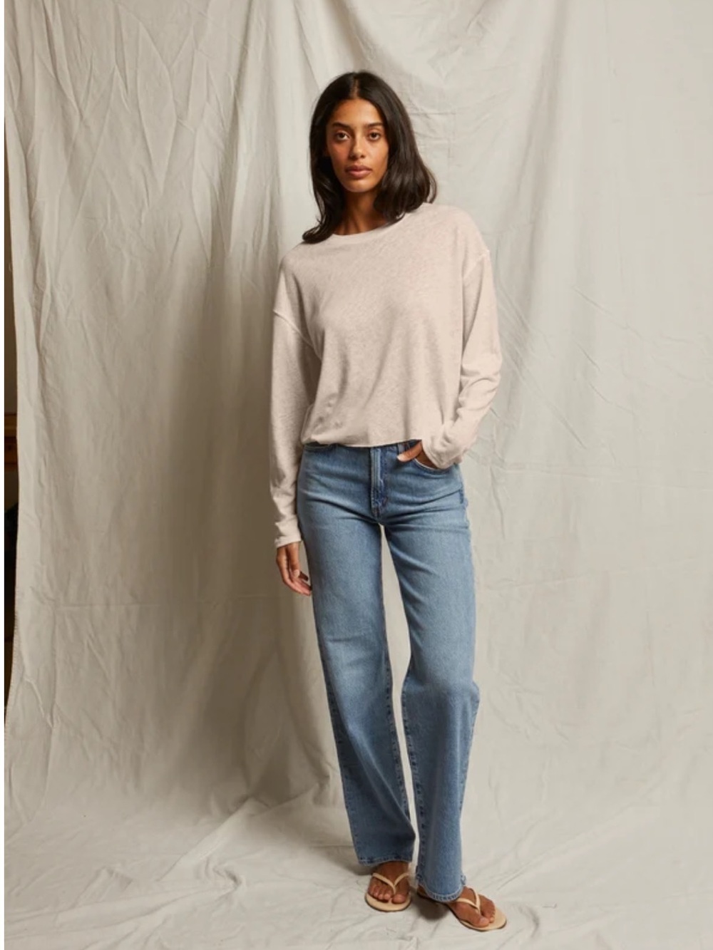 PERFECTWHITETEE Millie Linen Long Sleeve Shirt in Oatmeal Small
